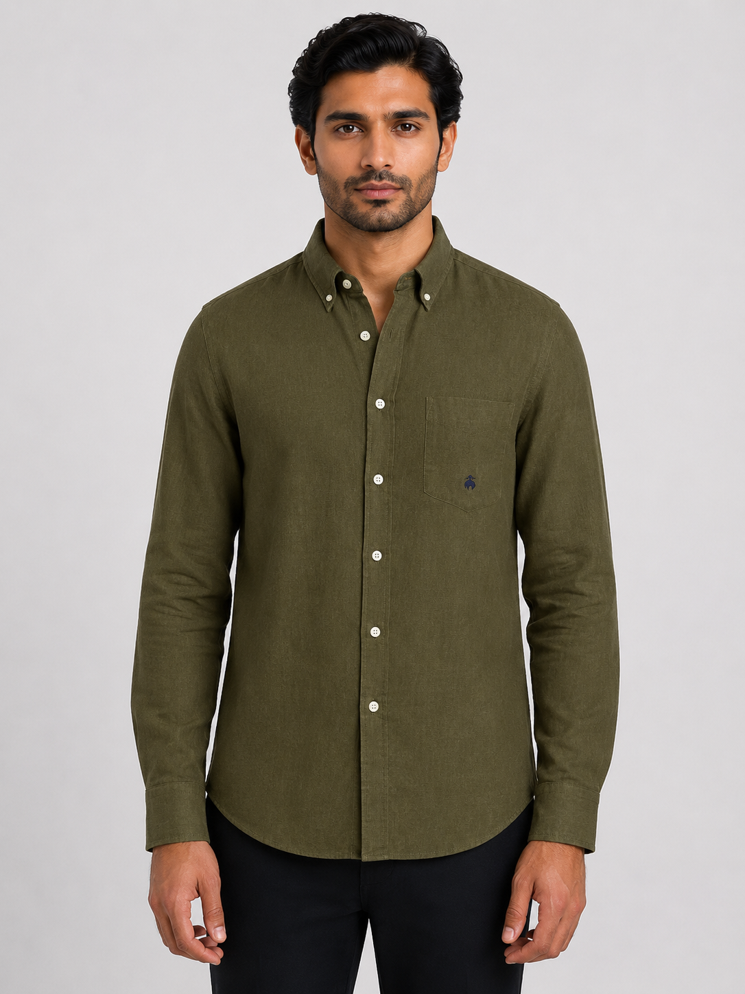 Brook Brothers - Olive Green Full Sleeved Linen Shirt