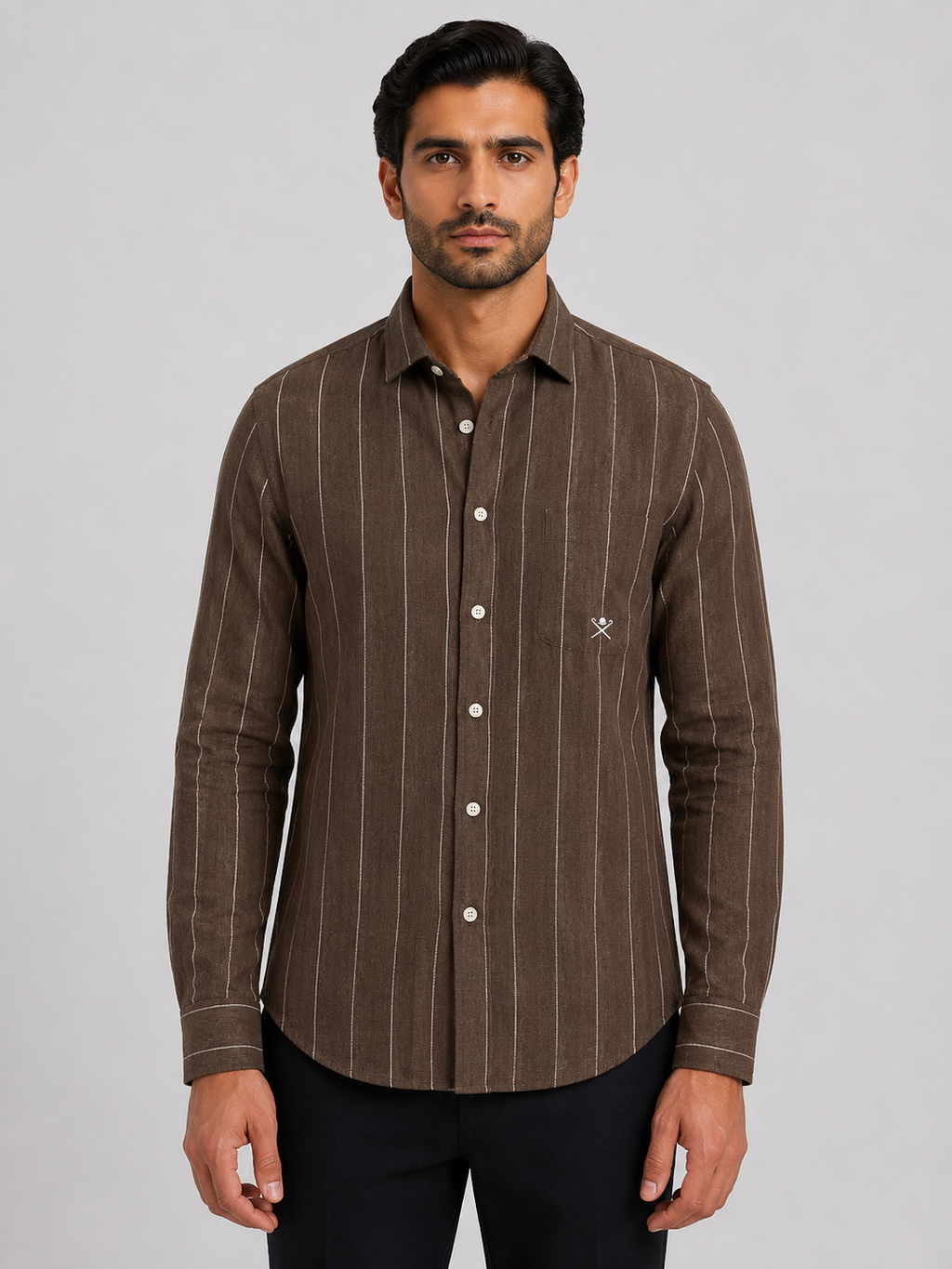 HACKETT LONDON - Brown Striped Full Sleeved Linen Shirt