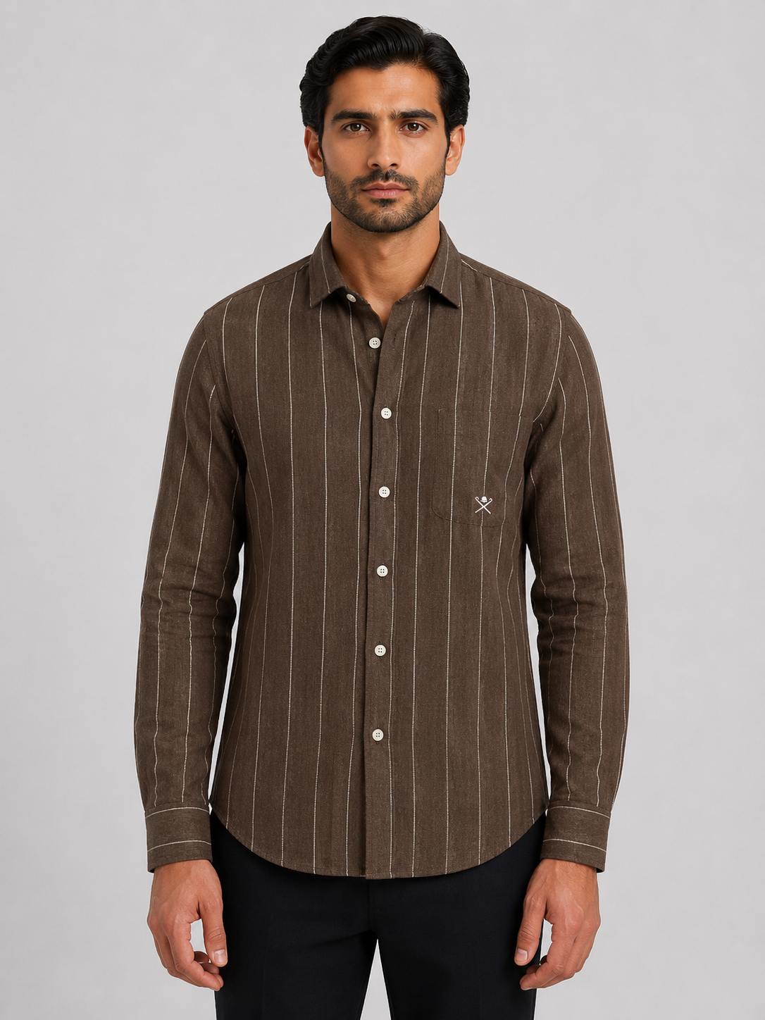 HACKETT LONDON - Brown Striped Full Sleeved Linen Shirt