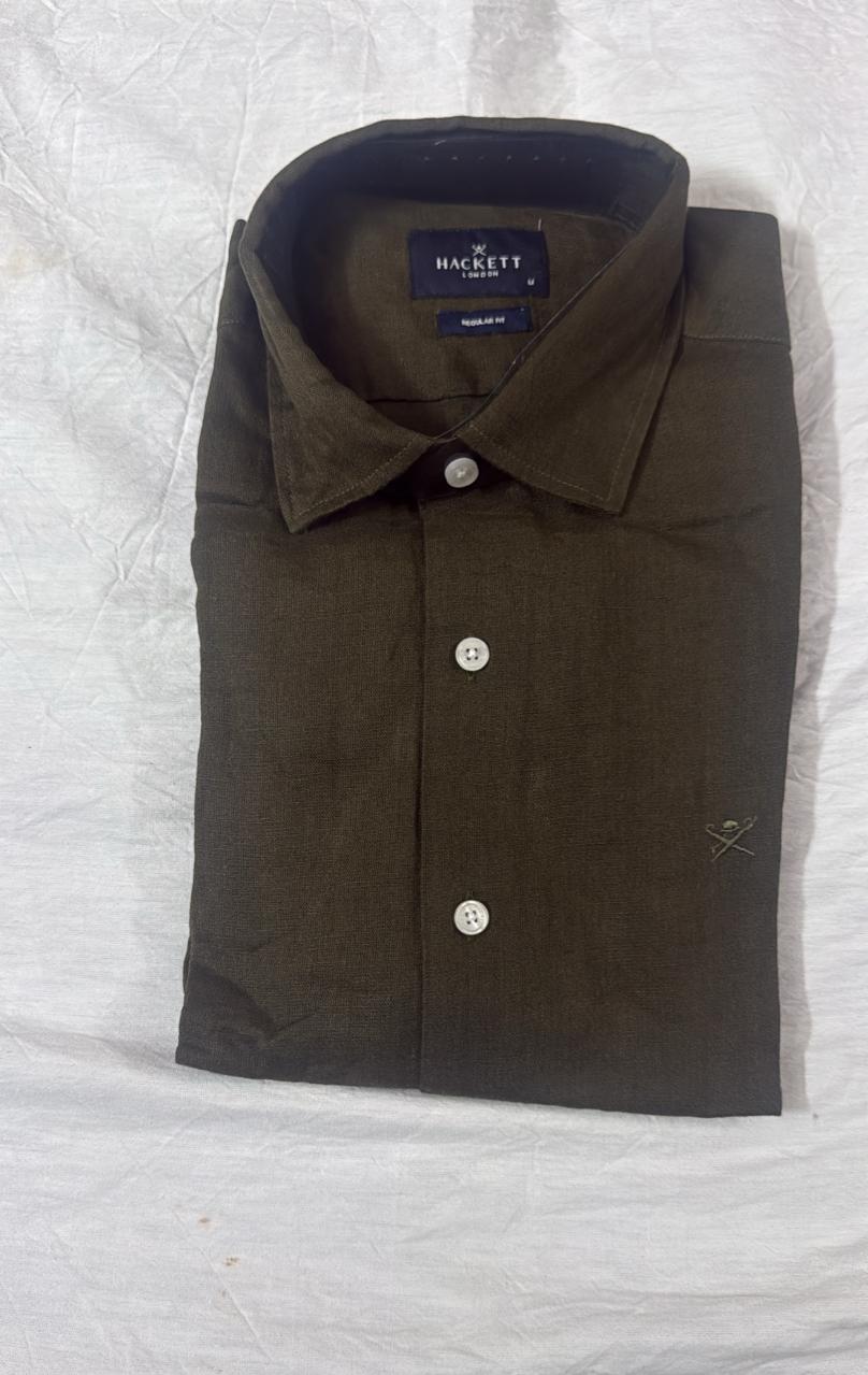 HACKETT LONDON - Olive Green Full Sleeved Linen Shirt