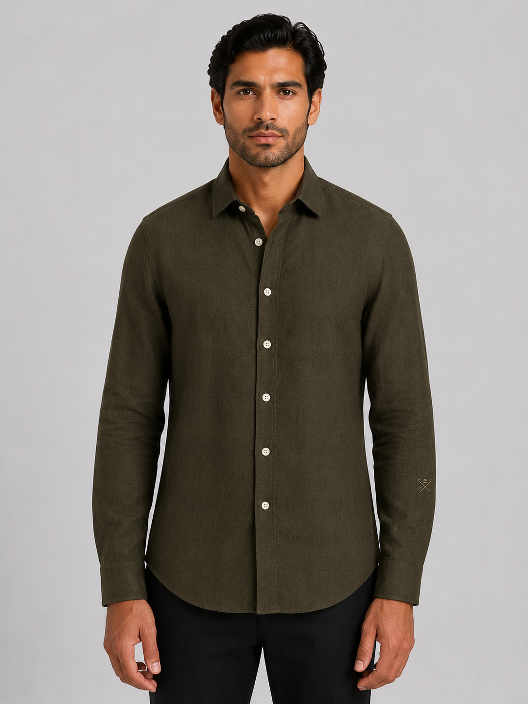 HACKETT LONDON - Olive Green Full Sleeved Linen Shirt