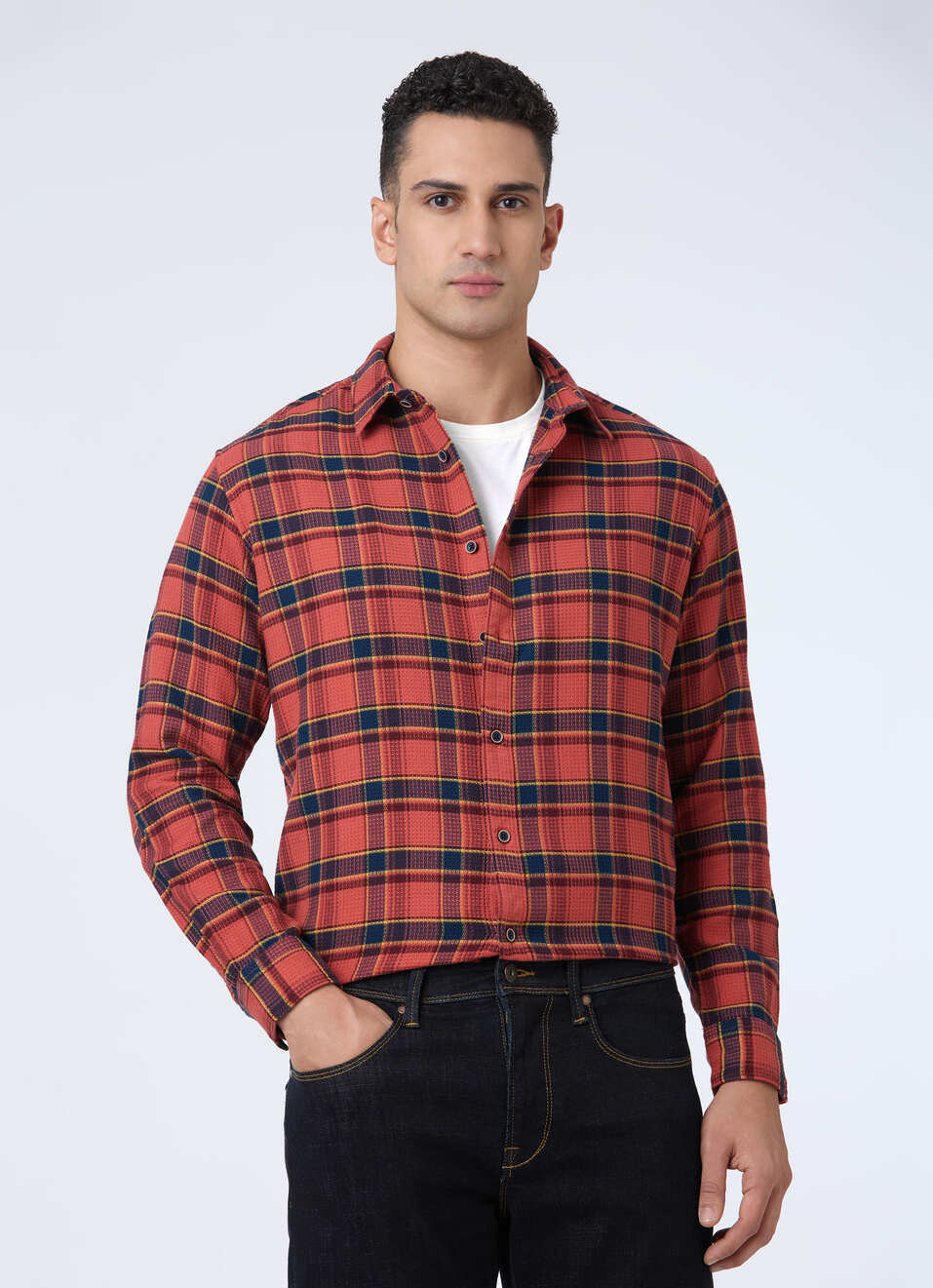 Men Tobacco Brown Check Full Sleeve Shirt