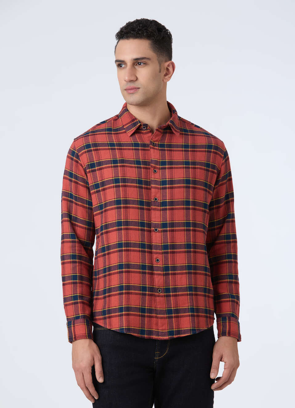 Men Tobacco Brown Check Full Sleeve Shirt