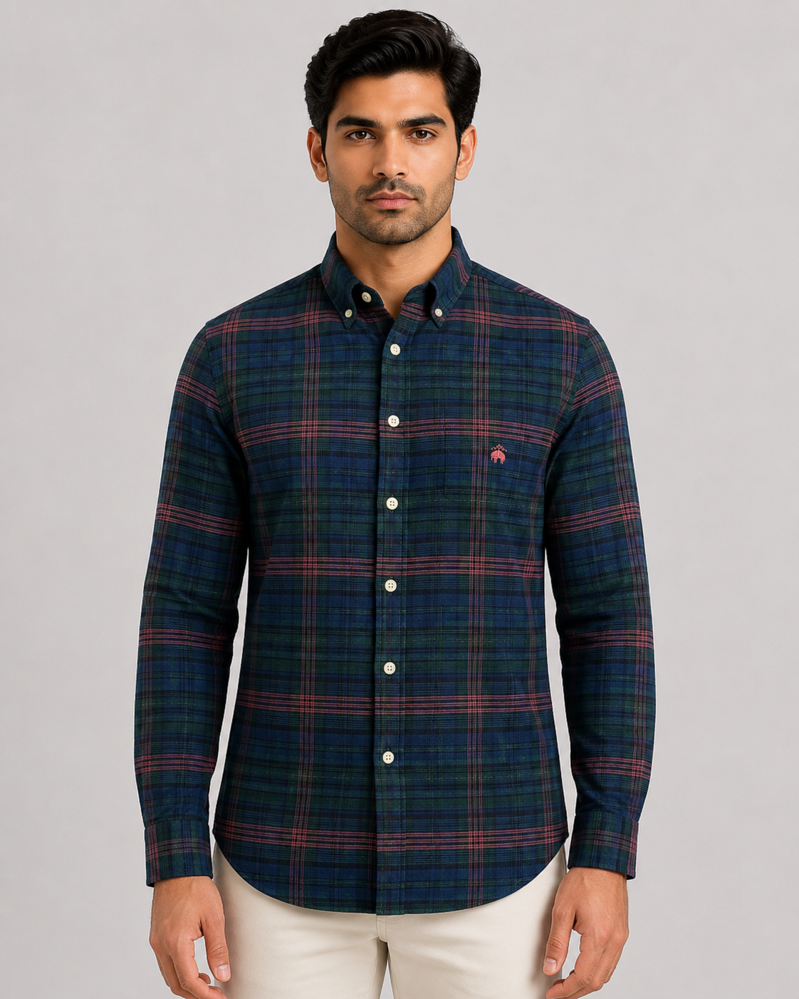 Brook Brothers Regular Fitted Oxford Checked Sport Shirt (Dark Blue)