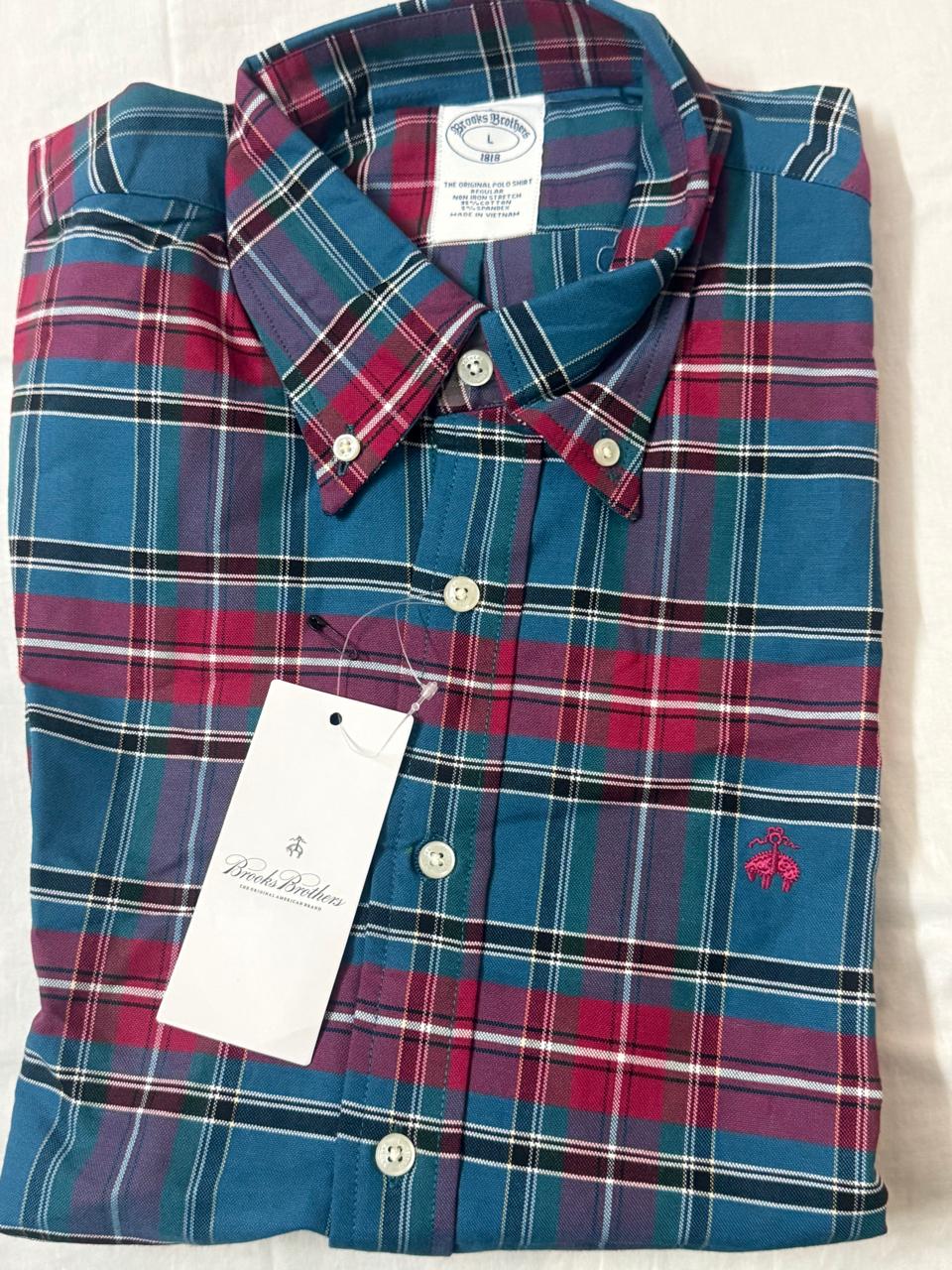 Brook Brothers Regular Fitted Oxford Checked Sport Shirt (Blue)