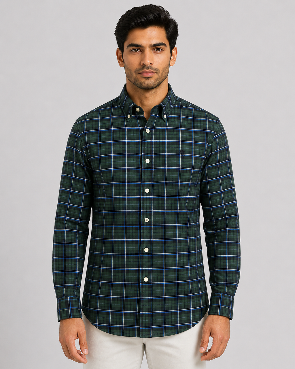 Brook Brothers Regular Fitted Oxford Checked Sport Shirt (Green)
